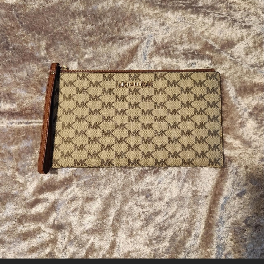 Michael Kors Tan and Brown Monogram Clutch